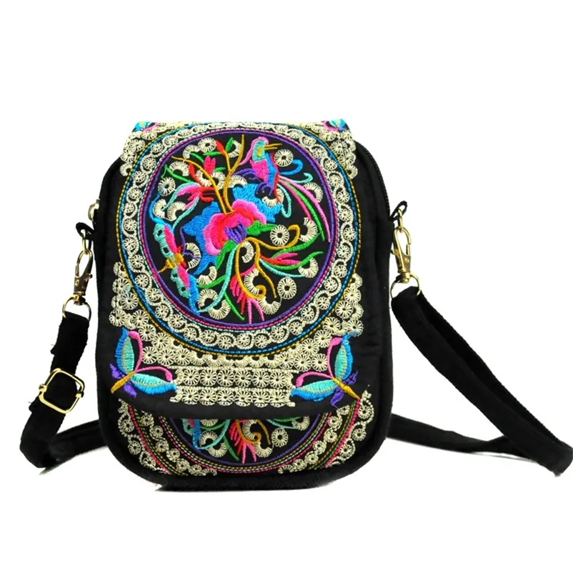 Bolso de hombro para mujer, bolso de viaje, bandolera con bordado Floral Vintage, bolso con cremallera, bolso bordado para teléfono móvil 220812