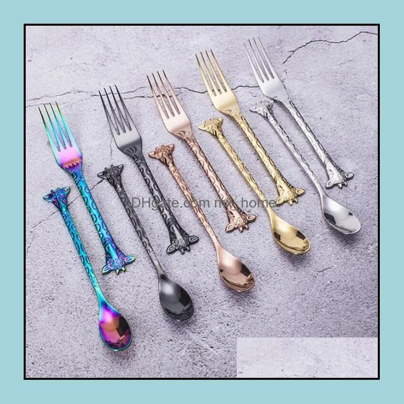 Spoons Flatware Kitchen Dining Bar Home Garden Ll Cartoon Giraffe Style Stainless Steel Fruit Cake Fork De Dhrfu