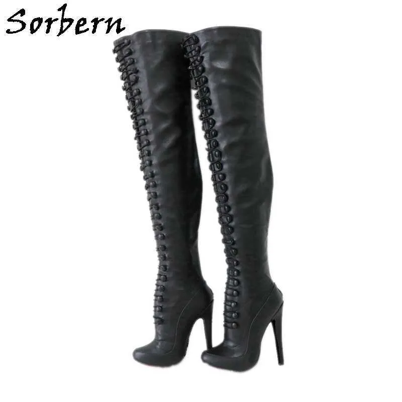 Sorbern Retro punta redonda medio muslo botas altas mujeres tacón alto Stilettos botón personalizado bota larga cremallera trasera muslos gruesos personalizados