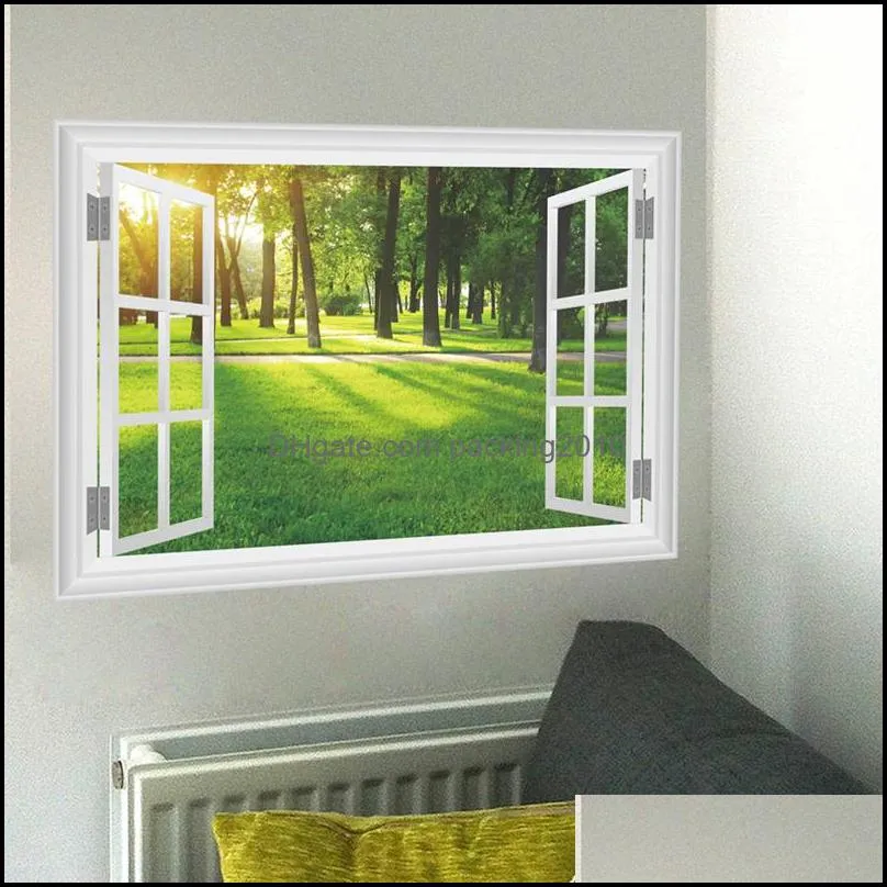 fake window view wall decal sunshine forest tree grassland wall stickers for living beautiful landscape wall decals home decor