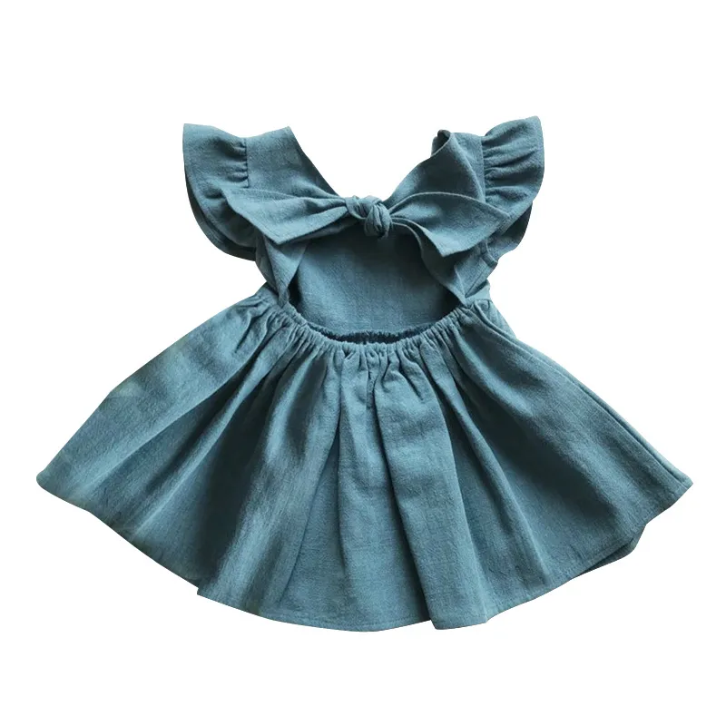 Flickor klänningar barn designer kläder bowknot prinsessan backless klänning baby fly hylsa bomullslinne a-line klänning barn boutique kläder bc40