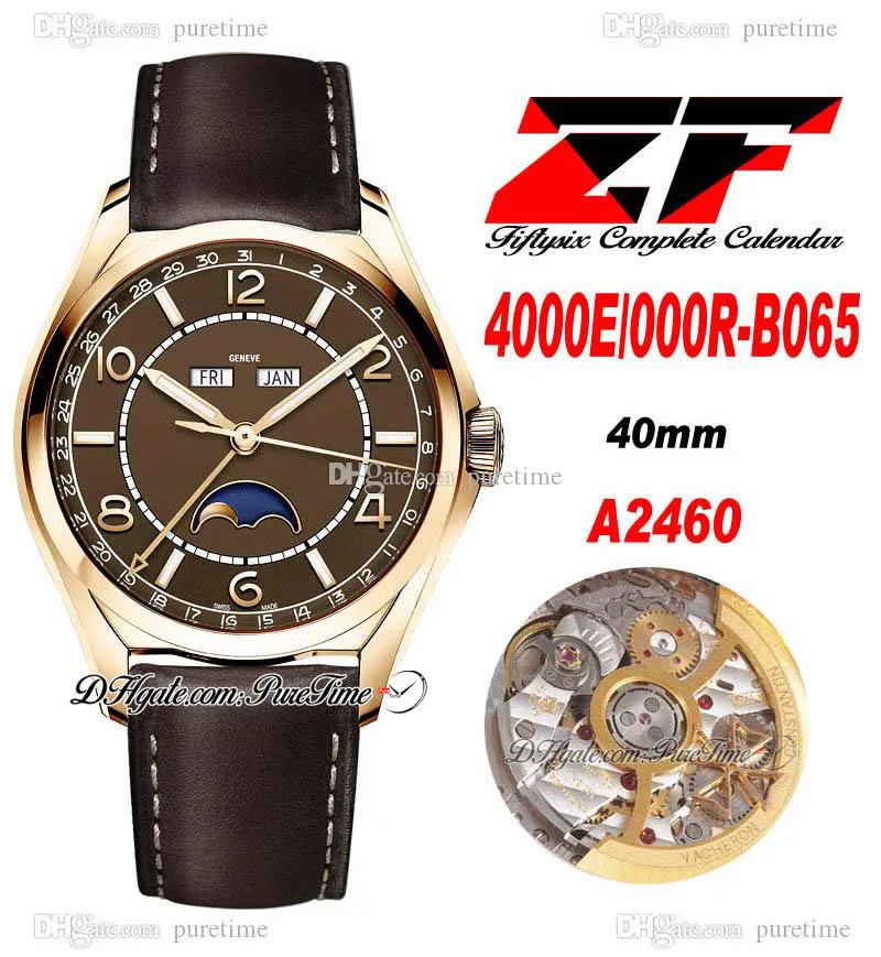 ZF Fiftysix Kompletny kalendarz A2460 Automatyczny Zegarek Mens 40mm Róża Złoto Brown White Dial Moon Phase Skórzany pasek 4000E-000R-B065 Super Edition PureTime 02C3