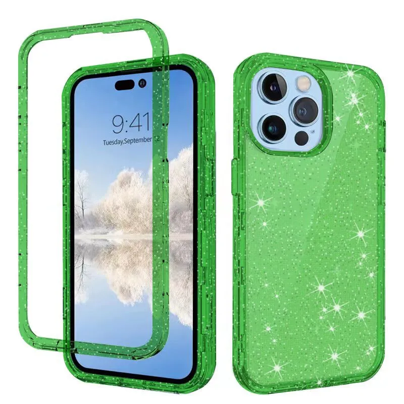 For Iphone 14 Phone Cases Clear Glitter Three Layers Heavy Duty Shockproof Protection Case