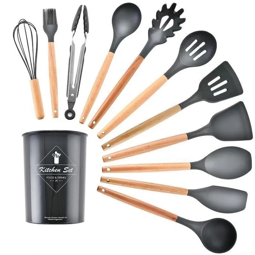 11pcs Yeni silikon pişirme aletleri set yapışmaz spatula kürek ahşap kolu pişirme aletleri set saklama kutusu t200415 ile mutfak aletleri