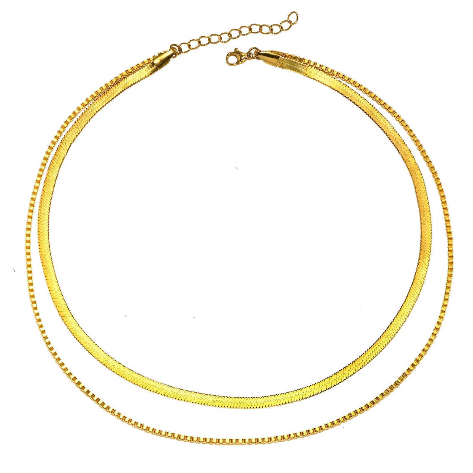 Skiktade halsband för kvinnor flickor rostfritt stål boxkedja platt orm kedja dubbel lager halsband damer staplade klavikelkedjor guld/ silver 18 tum 5 cm