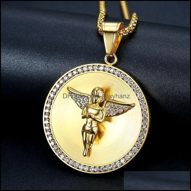 Mens Stainless Steel Angel Pendant Necklace Hip Hop White Zircon Bling 18K Gold Plated Religious Jewelry 1269 B3