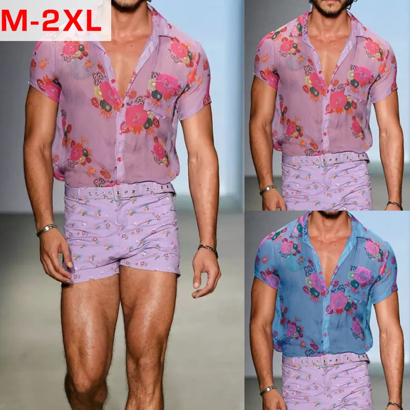 Men's Casual Shirts Mens Pink See Through Flower Lace Sheer Summer Sexy Transparent Floral Shirt Men Party Nightclub Chemise HommeMen's