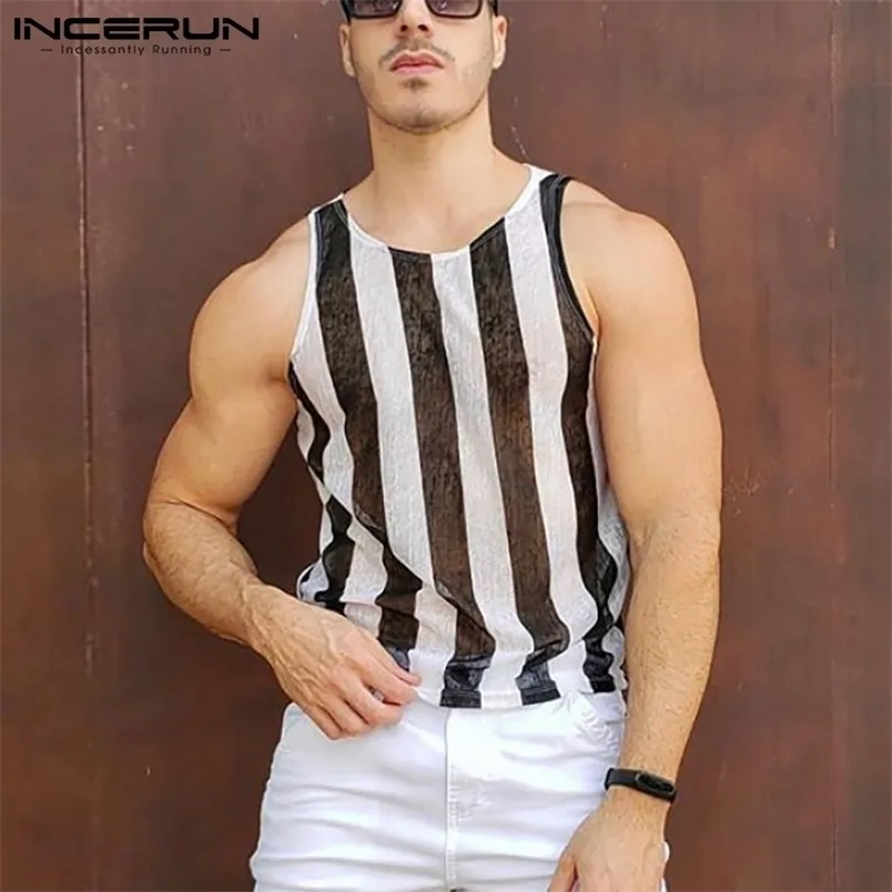 INCERUN Men Mesh Tank Tops Striped Transparent Sexy Vests O Neck Sleeveless Streetwear Breathable Summer Casual Tops S5XL 220614