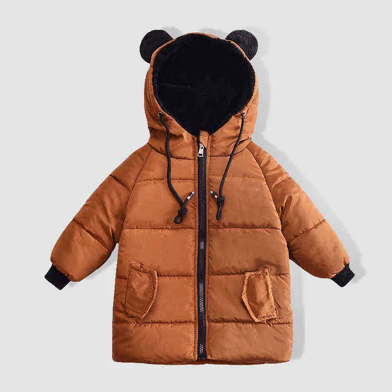 Fleece Warm Winter Long Jacket For Girls Boys Fashion Cotton Padded Cute Ear Boys Girls Down Jacket Outerwear Children's Clothing J220718