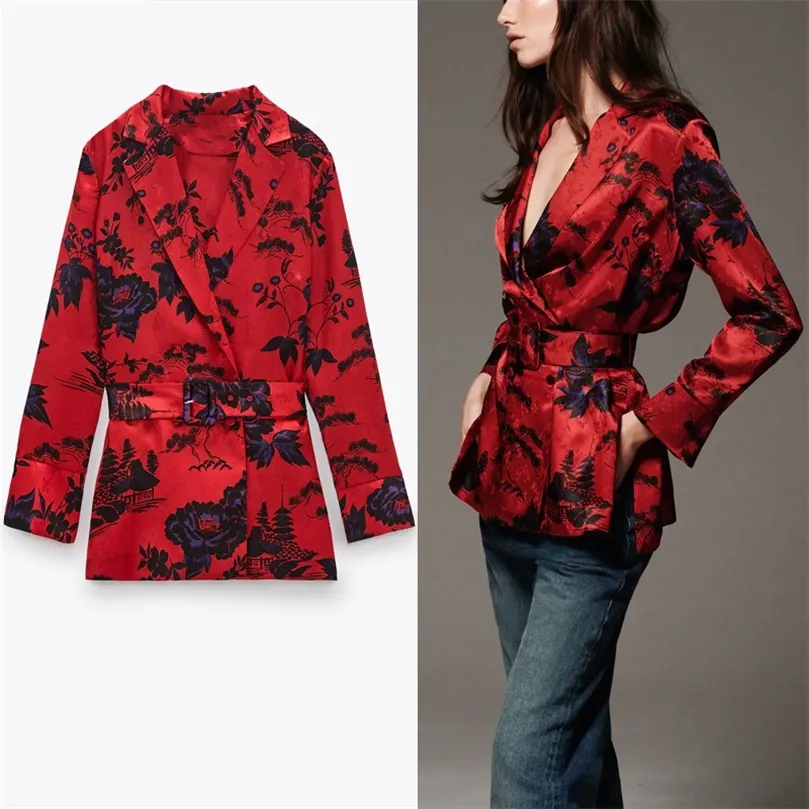 Za Vintage bloemenprint riem blouse vrouwen lange mouw wrap elegant kantoorhemd vrouwelijk mode voorste knop bloem top 210302