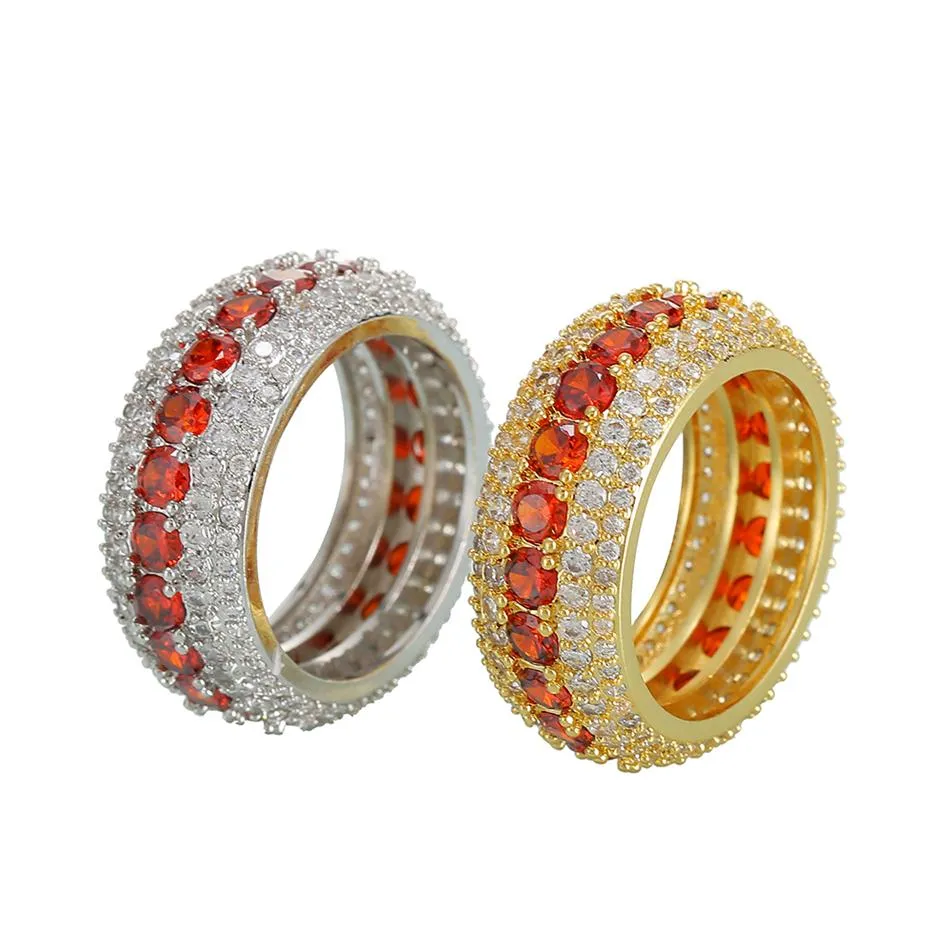 Größe 7-12 Hip Hop 5 Reihen Red Cubic Zircon Big Ring Gold Silber Farben für Männer Finger Ringe273Q