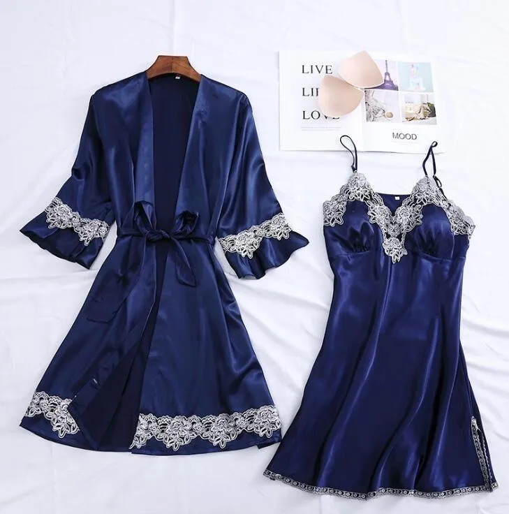 Vêtements de nuit pour femmes Femmes 2pcs Navy Blue Robe Ensembles Sexy Satin Split Lingerie Robe de chambre Kimono Col V Chemise de nuit Nighty Loose Lounge Home C