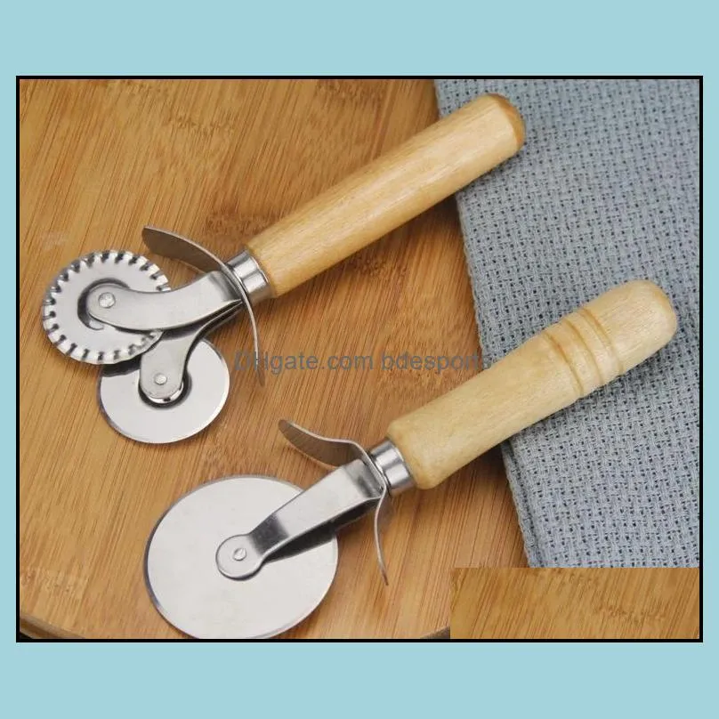 Kitchen Tools Round Pizza Cutter Knife Roller Stainless Steel Cutters Wood Handle Pastry Nonstick Tool Wheel Slicer With Grip RRB14570
