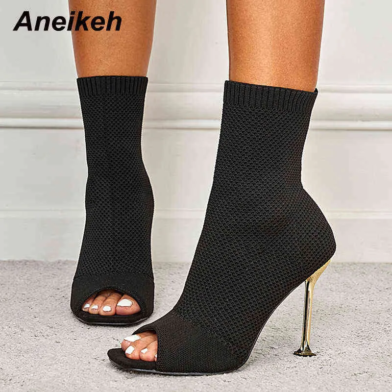 Aneikeh Stivali elasticizzati solidi Moda quadrata Punta aperta Tacco alto sottile Chelsea Scarpe da donna Sexy Maglia cava a metà polpaccio Albicocca Nero 220421