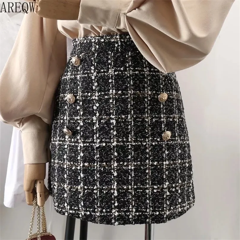 Tweed-Rock für Frauen im Herbst Frühling Koreanisch Weiß Schwarz Chic Kurz mit hoher Taille Mini s 220317