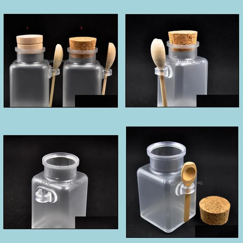 100g square bath salt abs bottle, 100ml powder plastic bottle, bath salt bottle with wooden cork & spoon sn2180