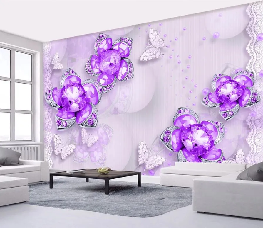 Custom 3D Wallpaper Mural living room bedroom Noble ornate purple jewelry flower 3D stereo TV background wall