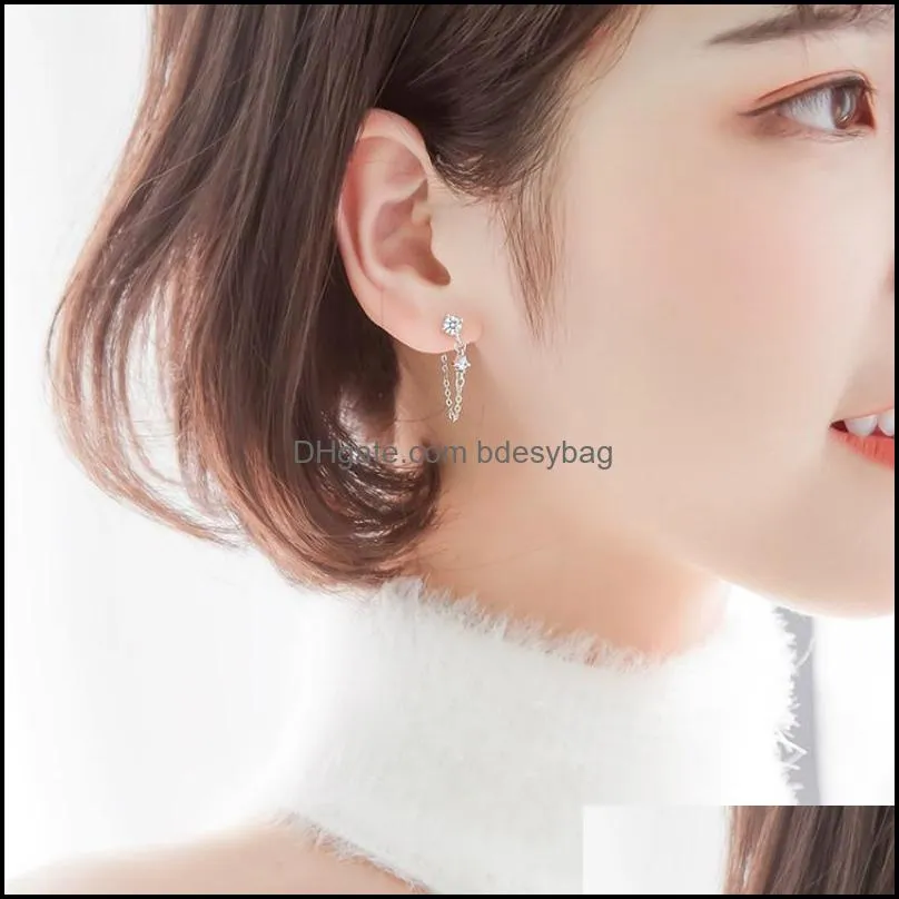 dangle & chandelier unique style rear hanging silver color bright zircon earring chain ingenious for women fashion jewelry
