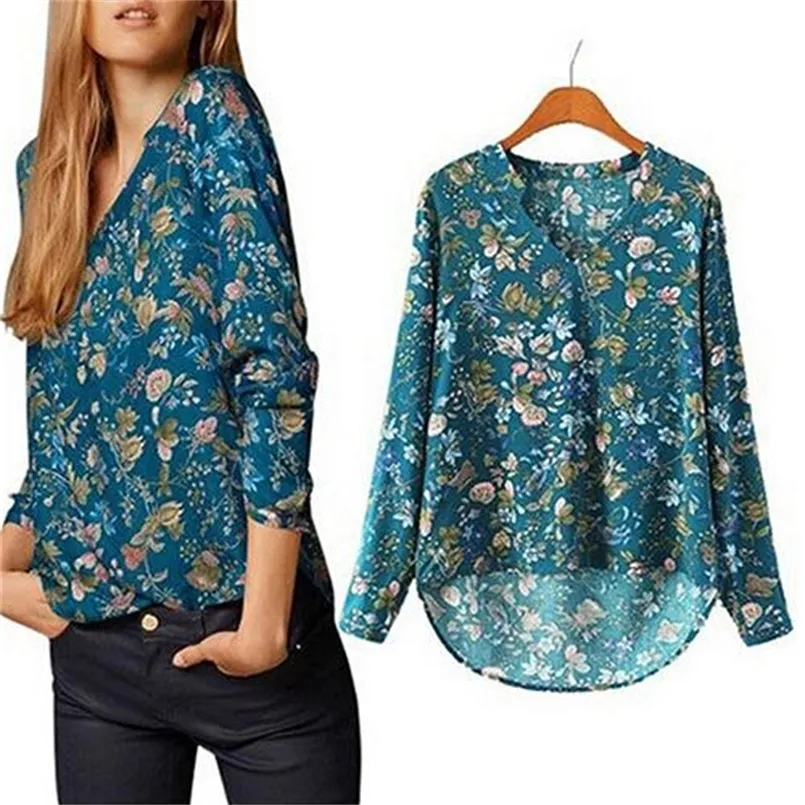 Manga larga casual Vneck estampado floral blusa irregular top camisa sexy patrón floral 220728