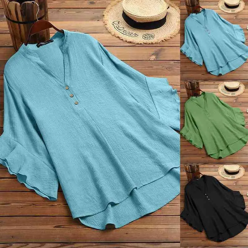 Retro Vintage Asymmetrische Tops Damen Blusen 2022 Sommer V-Ausschnitt Flare Ärmel Lose Rüschenhemden Casual Damen Tunika Blusas L220705