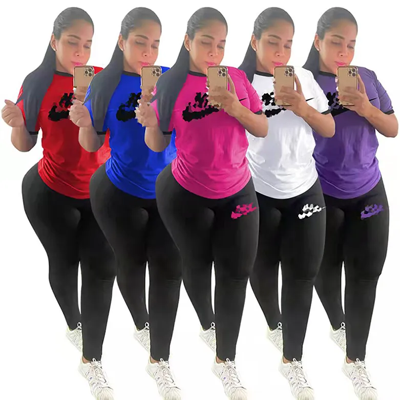 Projektantki damskie dresy stroje z krótkim rękawem jogging 2 -częściowy zestaw nóg nogi sportowy list hurtowy odzież 2022 K185_1