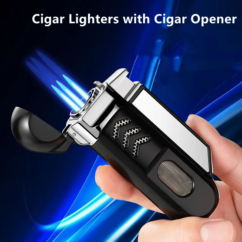 2022 Nouveau Coupe-Vent 3 Jet Cigar Pipe Briquets À Gaz Torche En Métal Turbo Butane Cigarettes Briquet Cigar Punch Puissant Pistolet Gadgets Hommes Cadeau