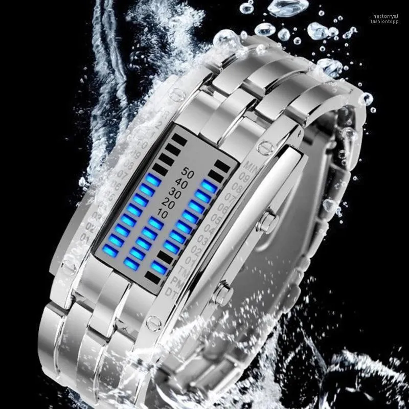 Polshorloges zakenmensen roestvrij staal blauw binaire lichtgevende led elektronische horloge displays waterdichte mode dames reloj hombre hect22