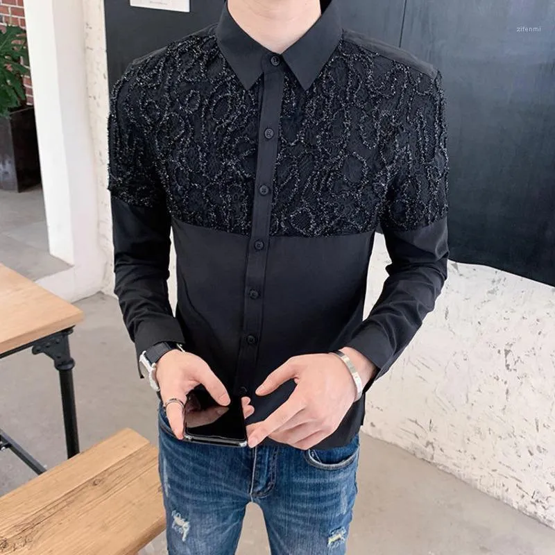 Klubb Camisas Maskulinas Koreanska Män Kläder Svart Vit Retro Lace Shirt 2022 Höst Långärmad Slim Fit Social Dress Mäns T-shirts