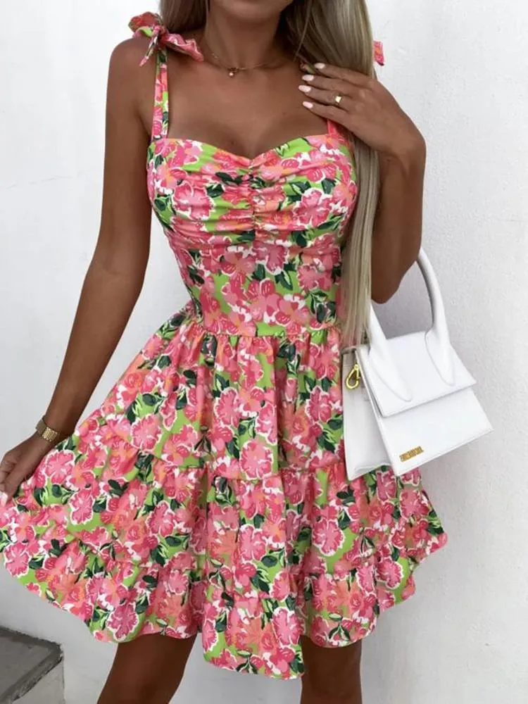 Повседневные платья летние сексуальные стройные спагетти платье для женщин Элегантное сладкое цветочное принт рентабель
