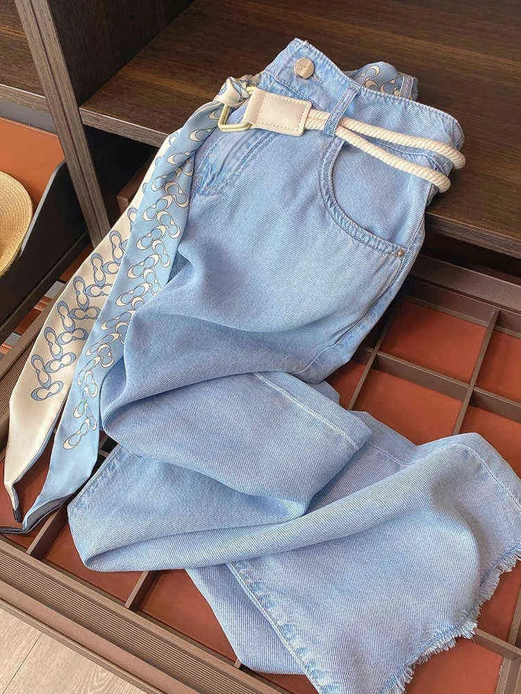 Szerokie spodnie rurowe dżinsy letnia wysoka talia gleba niebieskie frędzle proste rurowe spodnie dżinsowe 2022 Casual High Street Clothing Lady L220726