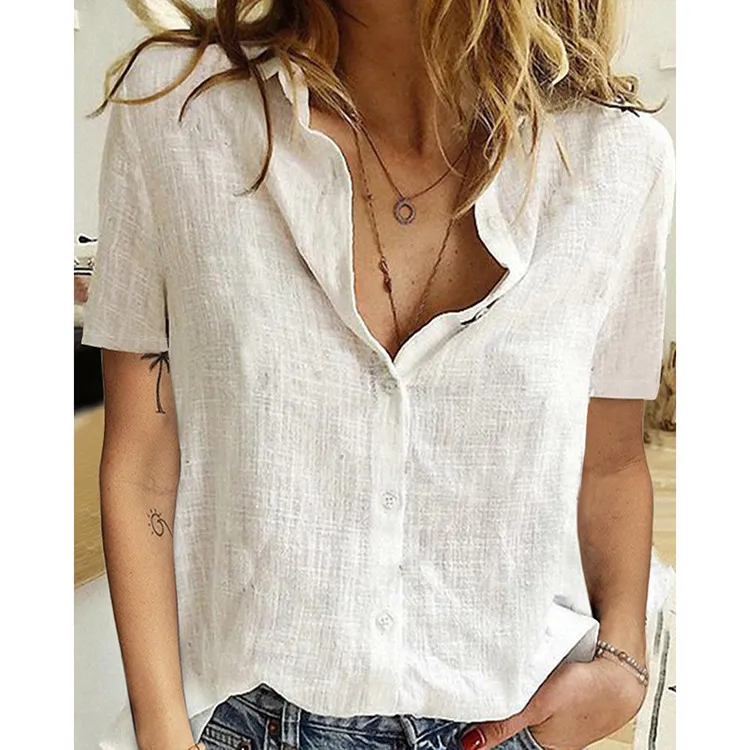 Blusas Femininas Camisas Tops Femininos Oversized Feminino Summer Button Up  Shirt Feminino Algodão Linho Manga Curta Top Branco Blusas MujerWo De  $66,41