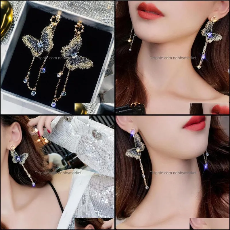 Dangle & Chandelier Korean Fairy Butterfly Long Earrings For Women Girl Ear Adornment Alloy Circle Rhinestone Tassel Handmade Jewelry