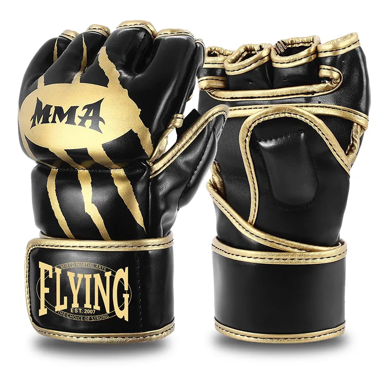 FLYING Guanti da boxe mezze dita PU Leather MMA Fighting Kick Boxing Guanti Karate Muay Thai Allenamento Guanti da allenamento Uomo 220624