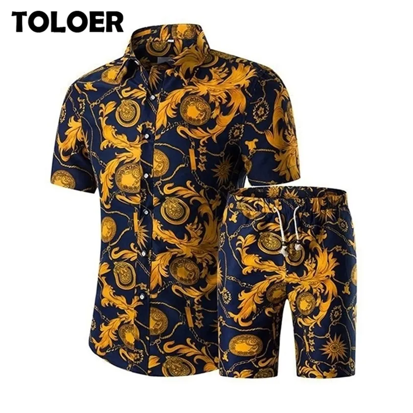 Mode bloemenprint shirts shorts set mannen 2020 zomer korte mouw shirts casual mannen kleding sets tracksuit mannelijk plus size lj201125