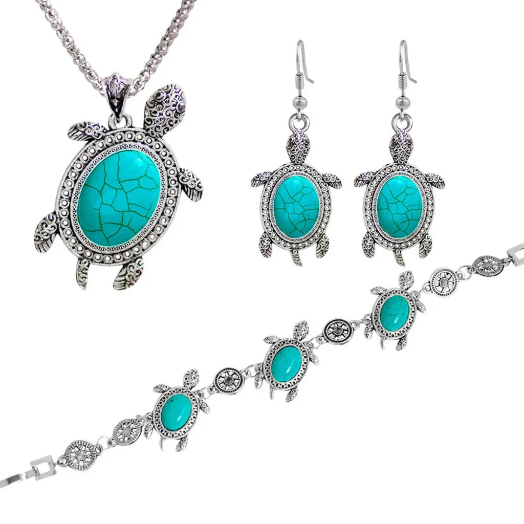 Conjuntos de joias atacado pulseira de tartaruga brinco mar tartaruga pingente charme pulseira joias 3 peças placa de prata peça única