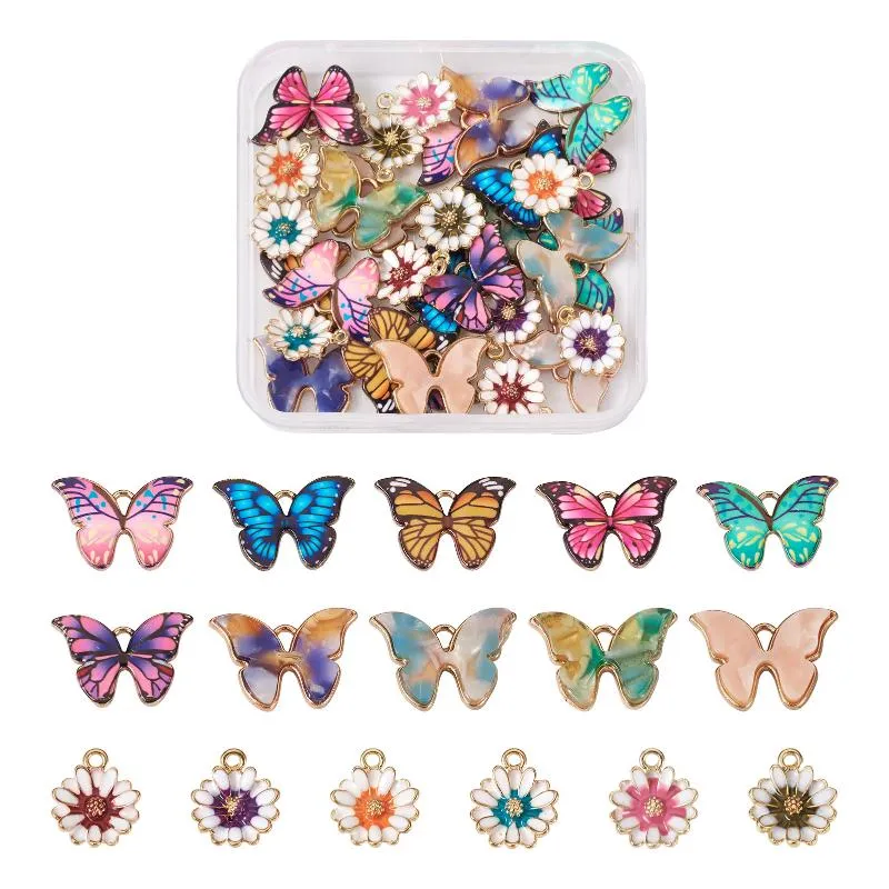 Charms 32pcs/box Mixed Resin Butterfly Flower Alloy Enamel Drop Pendants DIY Charm Necklace Earrings Jewelry Making AccessoriesCharms