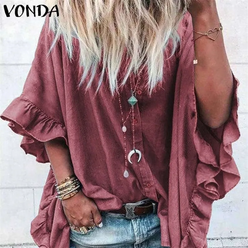 VONDA Women Casual Loose Lapel Neck Buttons Half Hylsa Ruffle Blue Sexy Office Ladies Shirts Tunic Plus Size Tops 5XL T200321