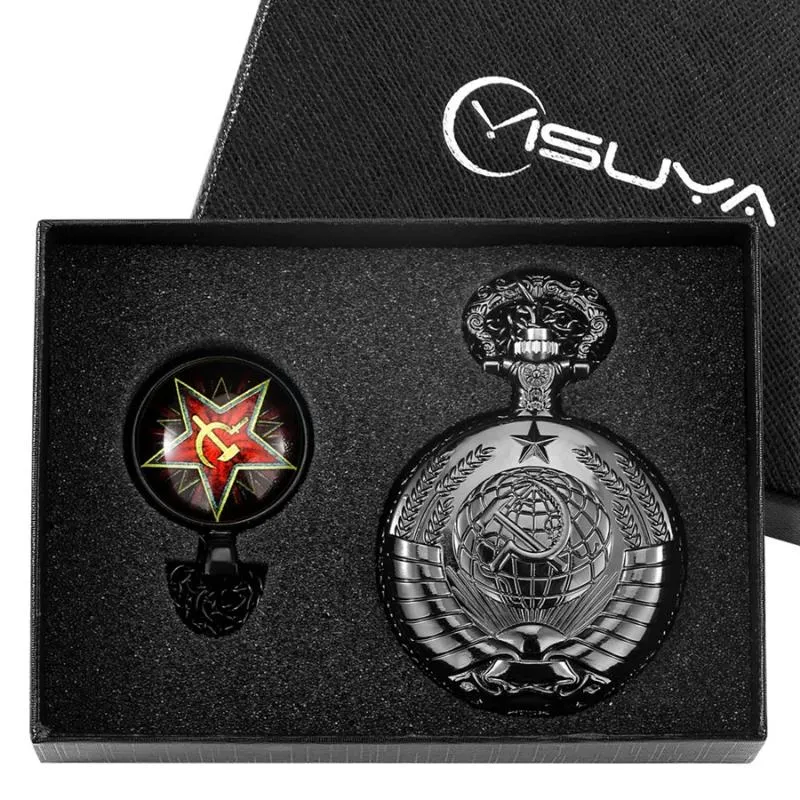 Relógios de bolso 4pcs/conjunto CCCP Rússia União Soviética Flag Russa Badges de martelo Fale Assista Presentes Conjuntos de Chain Chain URSS Pingente