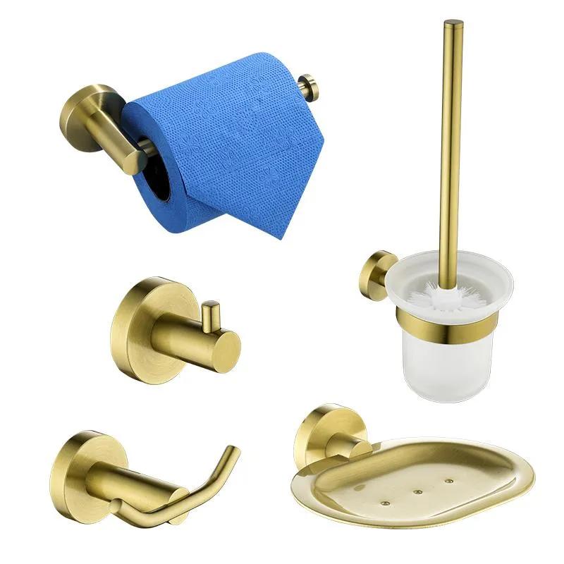 Set di accessori per il bagno Hardware per il bagno Porta scopino per WC in oro spazzolato Gancio per accappatoio Portasapone in carta Accessori per montaggio a pareteBagno