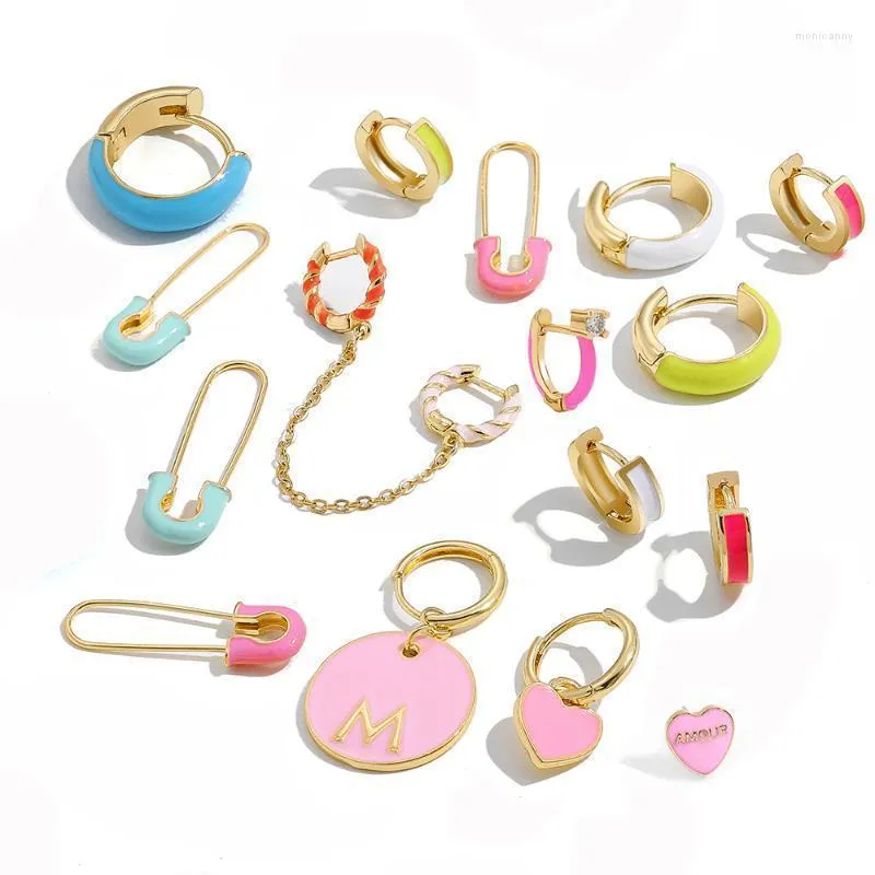 Huggie – boucles d'oreilles torsadées pour femmes, petites boucles d'oreilles mignonnes, couleur bonbon, émail, cœur rond, épingle de sûreté, bijoux Moni22