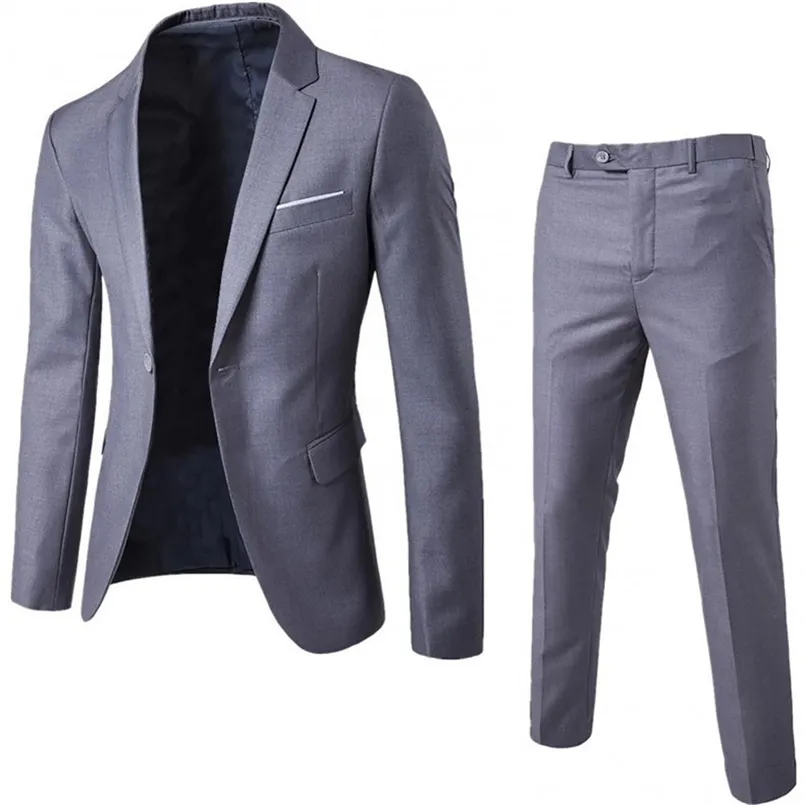 2Pcs Solid Color Suits Men Long Sleeve Lapel Collar Blazer JacketPants Suit for Men Wedding Busniess Suits Set costumes homme 220527