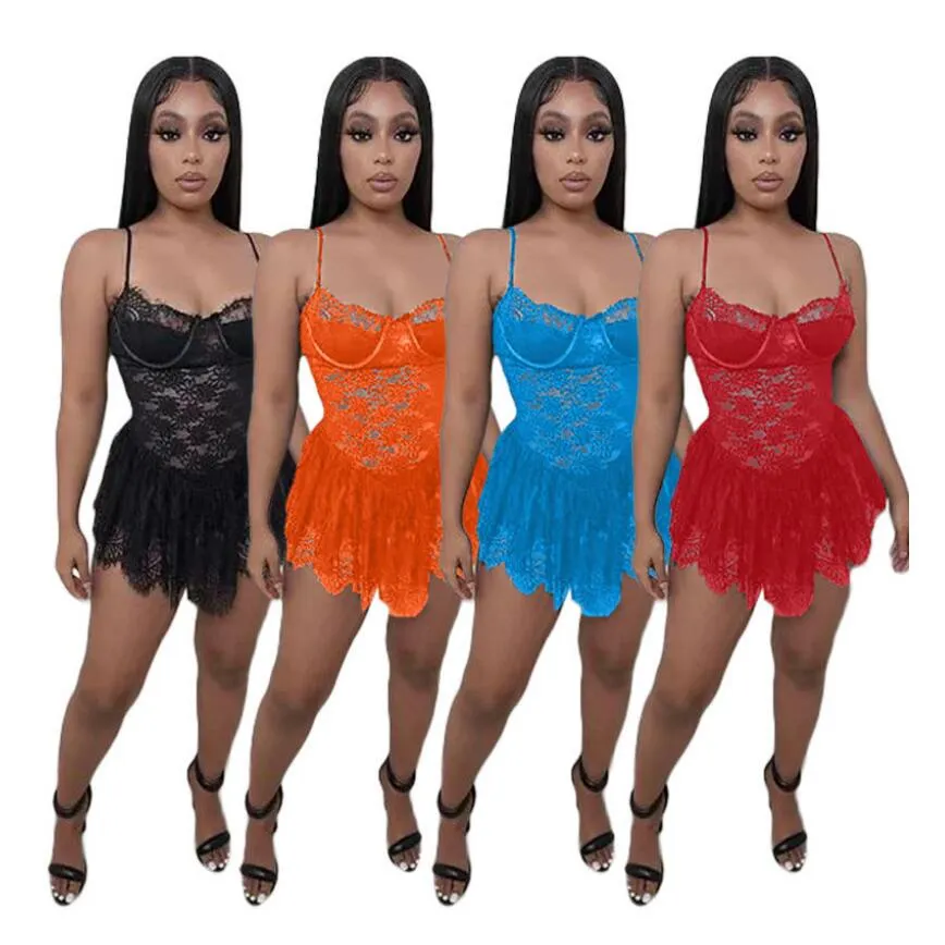 Wholesale Sexy Spaghetti Strap Dresses Summer Women Lace Sheer Dress Bodycon See Through Mini Skirt Sexy Party Night Club Wear 7220