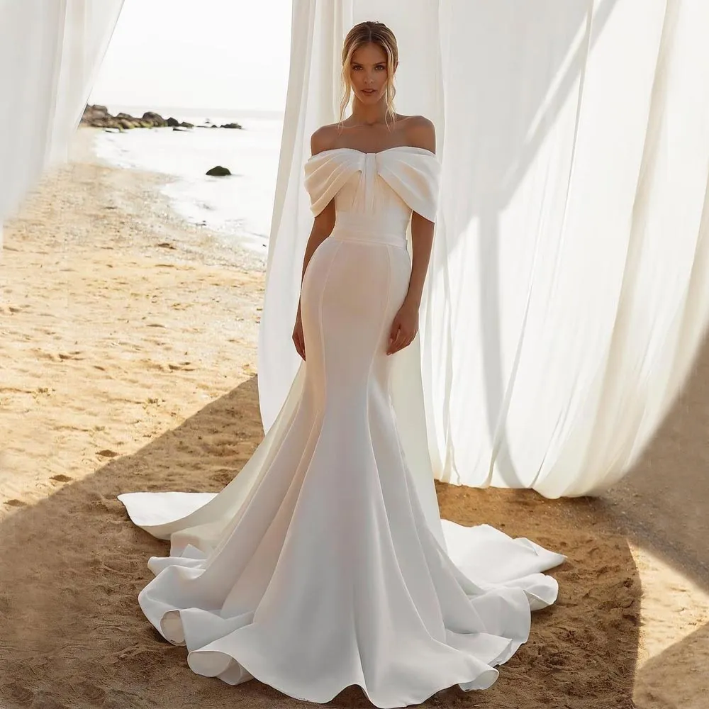 Fashion Mermaid Wedding Dresses With Big Bow Sweep Train Bridal Gowns Off The Shoulder Neck Beach Trumpet Satin robe de mariee