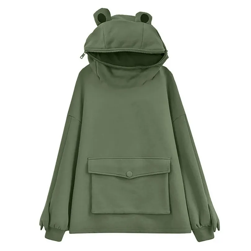 Unisex Frog Zipper Hoodie Fleece Lined Springtime Broderi Oversized Sweatshirt Harajuku Varm Pullover Koreansk stil dropship 220406