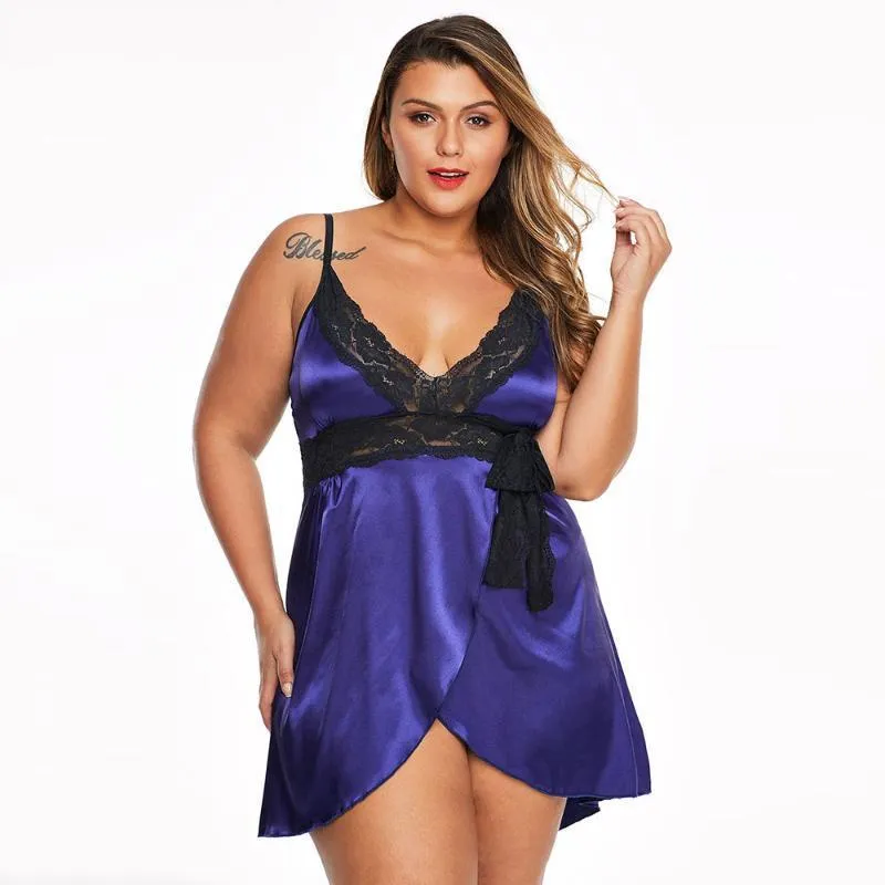 Damen Plus Size Unterwäsche Nachtwäsche Frau Spitze Satin Nachthemd Babydoll Set Weiblich Ärmellos V-Ausschnitt Dessous Kleid Tanga NachtkleidungWo