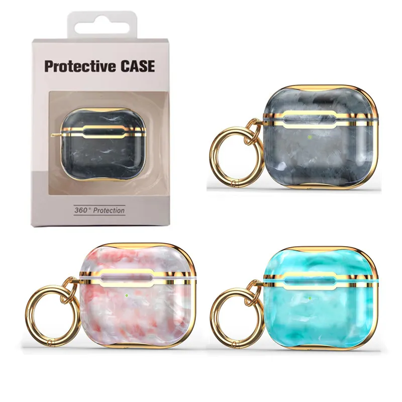 Étui de protection pour écouteurs en TPU plaqué marbre élégant de qualité supérieure pour Airpods 1 2 3 Pro avec porte-clés et emballage de vente au détail