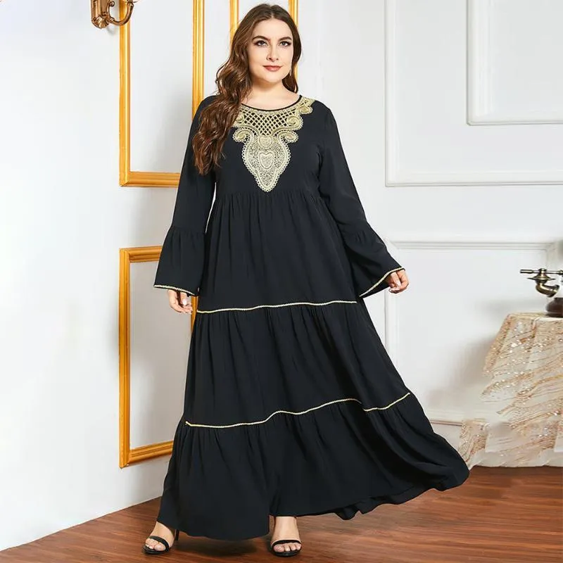 Платья плюс размер платья Фридяд Арабский стиль многослойного длинного вышитого черного мусульманского платья кафтан Абая
