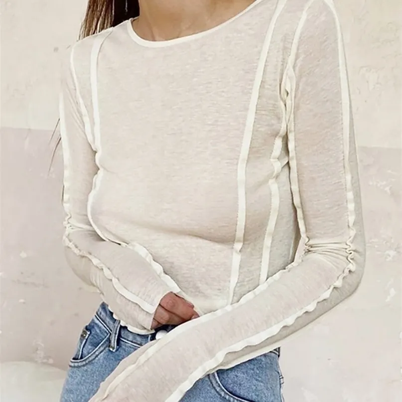 Buzlu Bodycon Beyaz O-Boyun kadın T-shirt Zarif Sarı Uzun Kollu Sonbahar Tee Gömlek Rahat Ince Elastik Katı Üst Kadın 220402