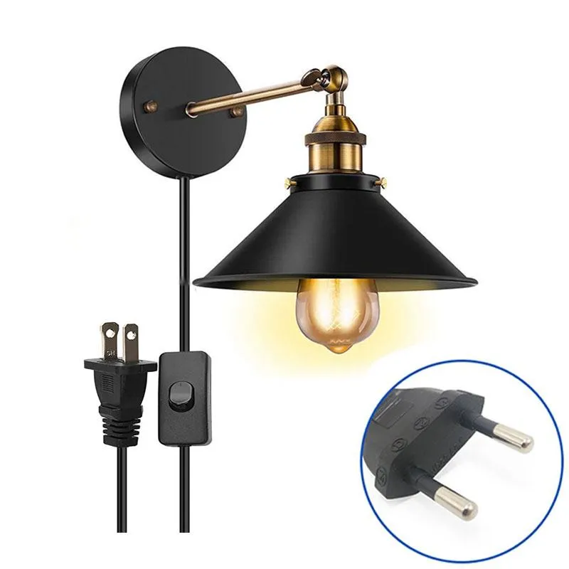 Wandleuchte Vinatge Loft Sconce mit Stecker 1,8 m Kabel schwarz Industrieleuchte für Zuhause E27 Wohnzimmer Schlafzimmer FixturesWall