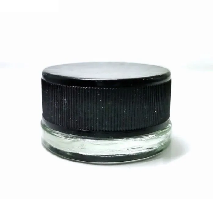 Bouteille de pot de concentré en verre transparent de 3 ml 7 ml 9 ml avec couvercle CR noir pour extrait de résine vivante huile de sauce brisée autocollant de boîte personnalisé disponible